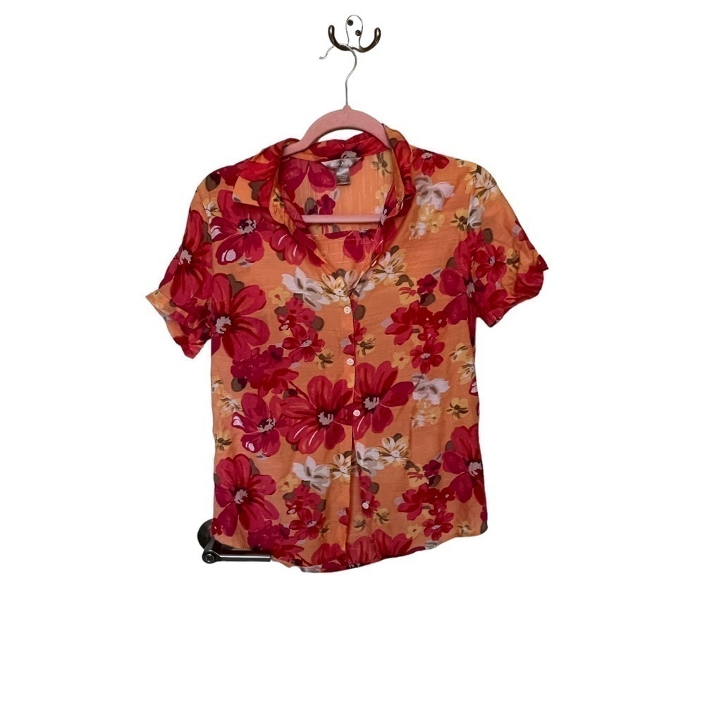 White stag bright floral button up short sleeve blouse